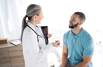 Buy stock photo Doctor, patient and consultation at hospital for checkup, results or healthcare diagnosis on bed. Medical woman or surgeon consulting man, customer or client for appointment, visit or test at clinic