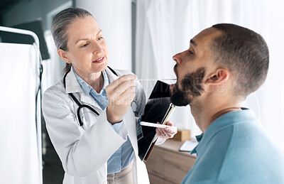 Buy stock photo Mouth swab, people and doctor check up, oral examination or helping patient with bacteria, virus or flu sample. Healthcare service, wellness and medicine expert, surgeon or nurse support sick client