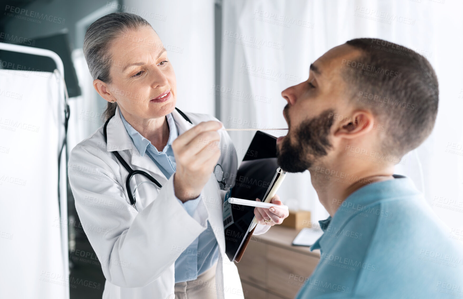 Buy stock photo Mouth swab, people and doctor check up, oral examination or helping patient with bacteria, virus or flu sample. Healthcare service, wellness and medicine expert, surgeon or nurse support sick client