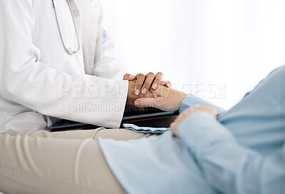 Healthcare, holding hands and doctor with patient for care, comfort and empathy for diagnosis news. Hospital consulting, clinic and health worker with person for support, wellness and medical results