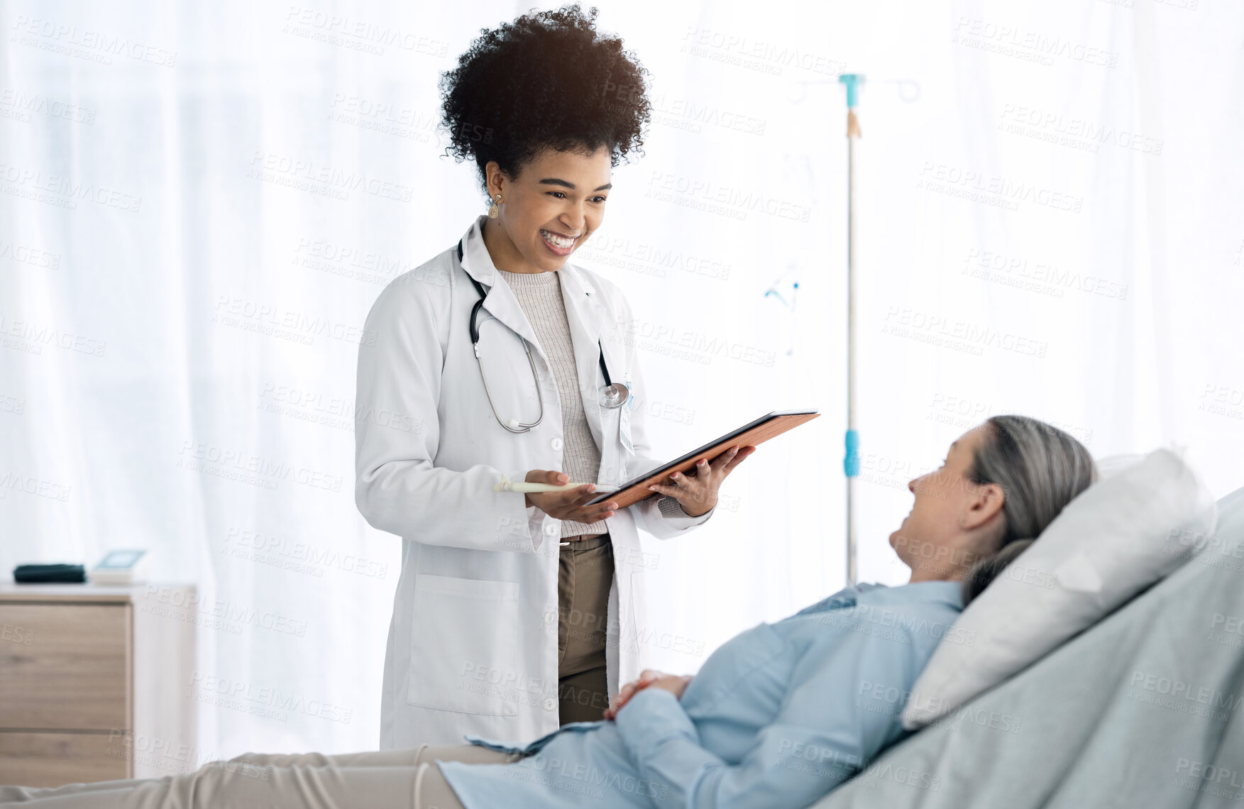 Buy stock photo Woman doctor, medical check and tablet at hospital bed of patient discussion and surgery info. Wellness advice, technology and professional with healthcare, consulting and talking in consultation