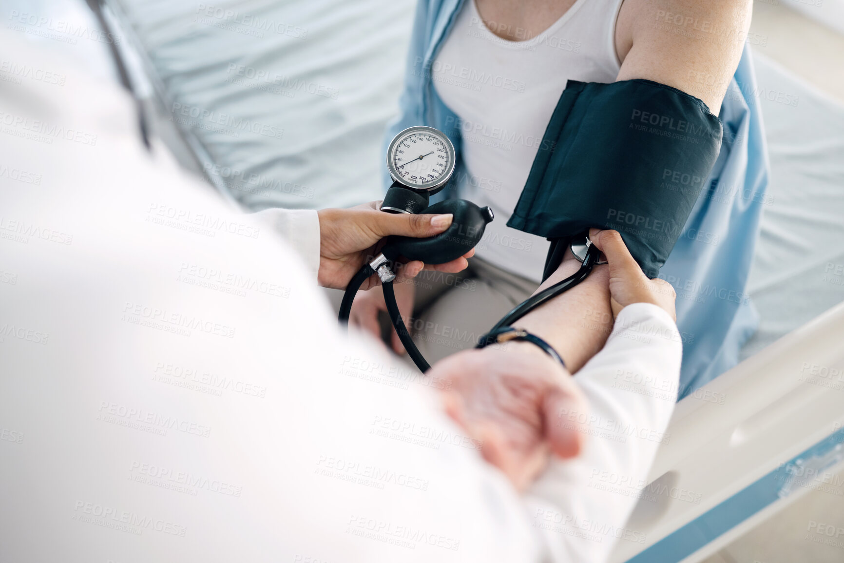 Buy stock photo Medical hands, people and nurse hypertension test for hospital exam, patient consultation or professional service. Nursing help, sphygmomanometer and doctor monitor blood pressure, pulse or diabetes