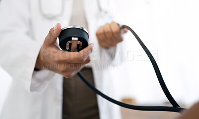 Buy stock photo Hospital hands, people and doctor hypertension test for medical wellness, assessment or health exam. Closeup clinic service, medic and monitor blood pressure, pulse and reading sphygmomanometer gauge