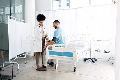 Buy stock photo Hospital patient, people or doctor hypertension test for medical wellness, assessment or helping with health exam. Clinic service, support or nurse monitor blood pressure, pulse or client examination