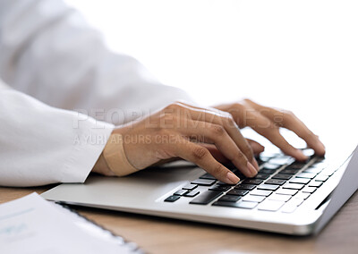 Buy stock photo Closeup, hands and doctor with a laptop, typing and connection with research, network and website info. Person, medical professional and worker with plaster, pc and keyboard with deadline and app