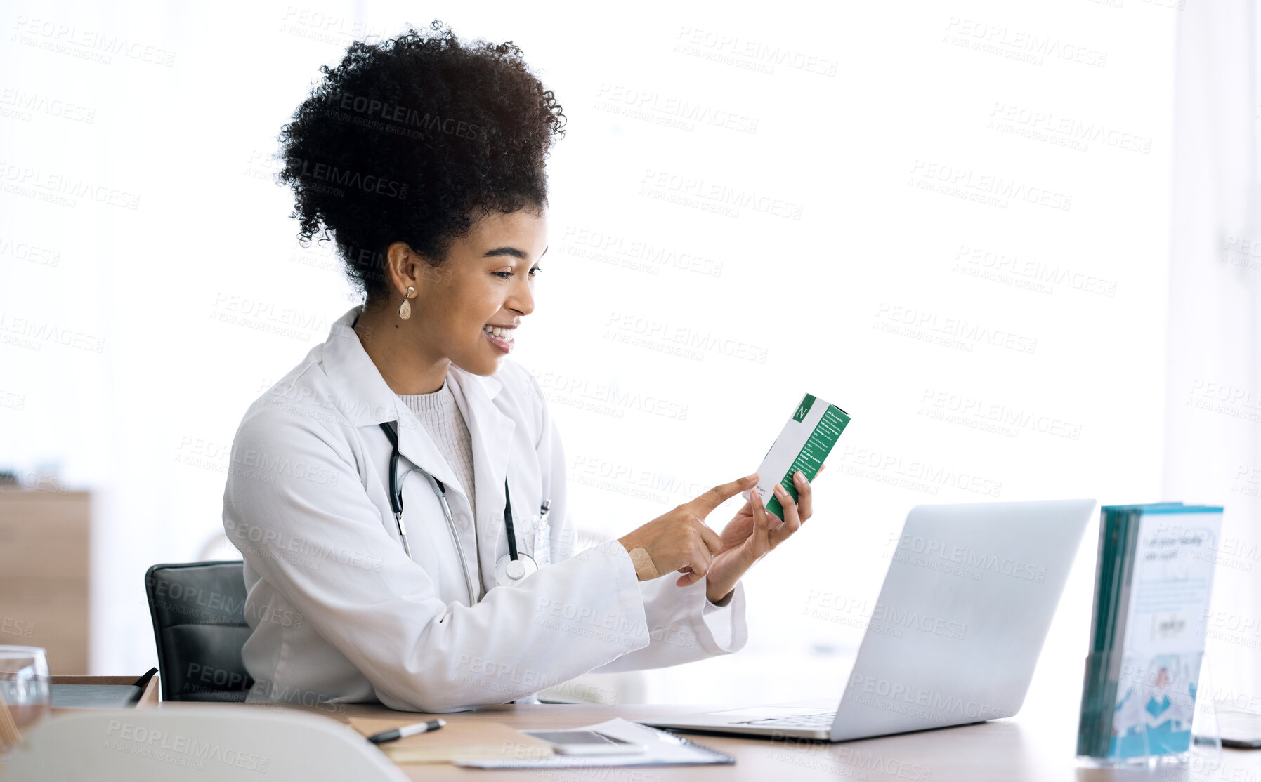 Buy stock photo Woman, doctor and laptop for video call, pills and advice with telehealth, product or package in clinic office. Medic, nurse or pharmacist with box, drugs and happy for consultation with computer