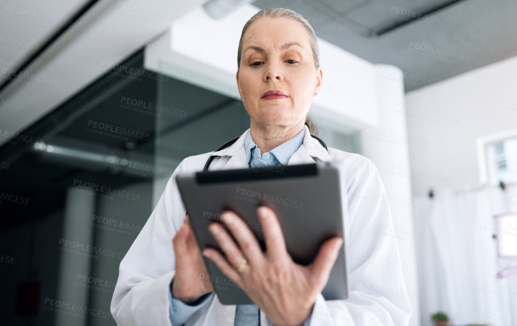 Buy stock photo Woman, doctor and tablet in research, Telehealth or communication for results or networking at hospital. Female person, healthcare or medical surgeon working on technology for online search at clinic