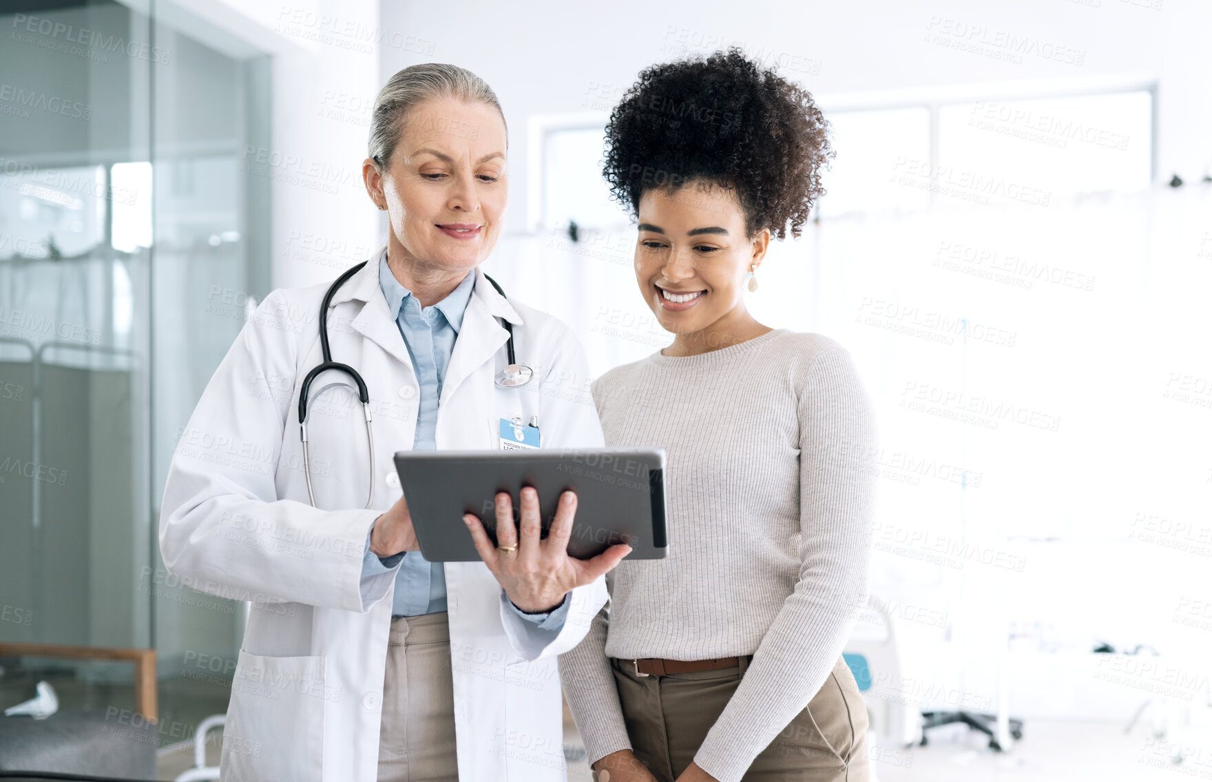 Buy stock photo Woman doctor, medical results and tablet at hospital with patient discussion and surgery info. Wellness advice, technology and mature female professional with healthcare, consulting and talking