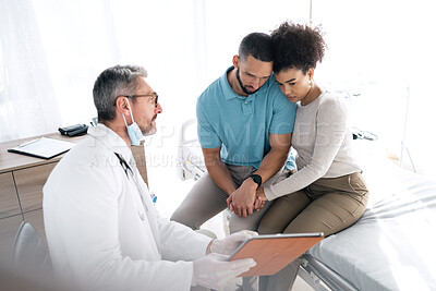 Buy stock photo Doctor clipboard, problem and couple sad for bad results, gynecology news or medical clinic info, crisis or fail. Gynecologist report, hospital and marriage people listening to miscarriage feedback