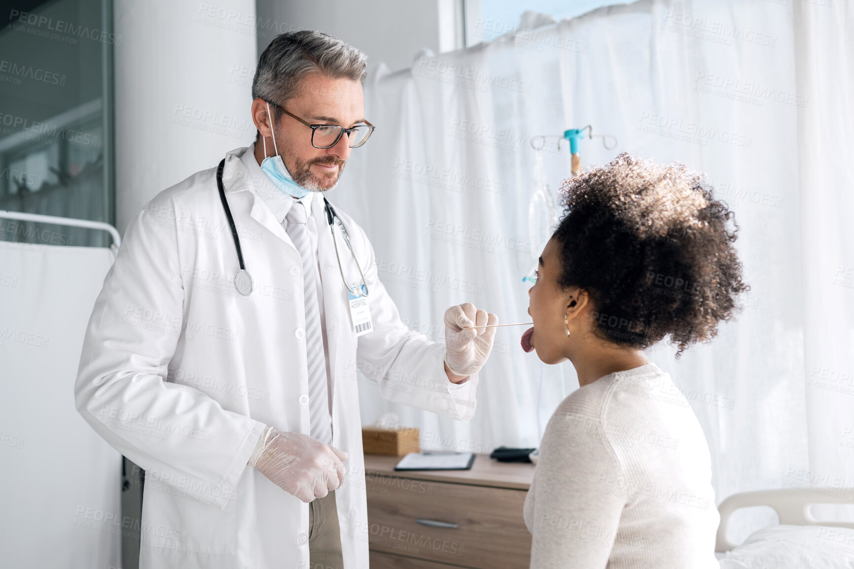 Buy stock photo Mouth swab, people and doctor oral exam, tongue check or helping with disease, assessment or flu sample. Healthcare, wellness or medical expert, surgeon or nurse support sick client, patient or woman