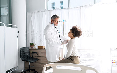 Buy stock photo Stethoscope, people and doctor check heart, breathing or helping patient with lung virus, tuberculosis or cardiology test. Wellness clinic, cardiovascular exam and medical expert support for client