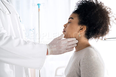 Doctor hands, people and check neck, examine throat or help with vocal injury, tonsils or lymph node. Oral health appointment, hospital consultation aid and nurse support for client, patient or woman