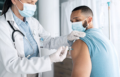 Buy stock photo Doctor, patient and injection for vaccine or flu shot at hospital in checkup, visit or appointment. Closeup of medical nurse or healthcare professional with needle for vaccination or cure at clinic