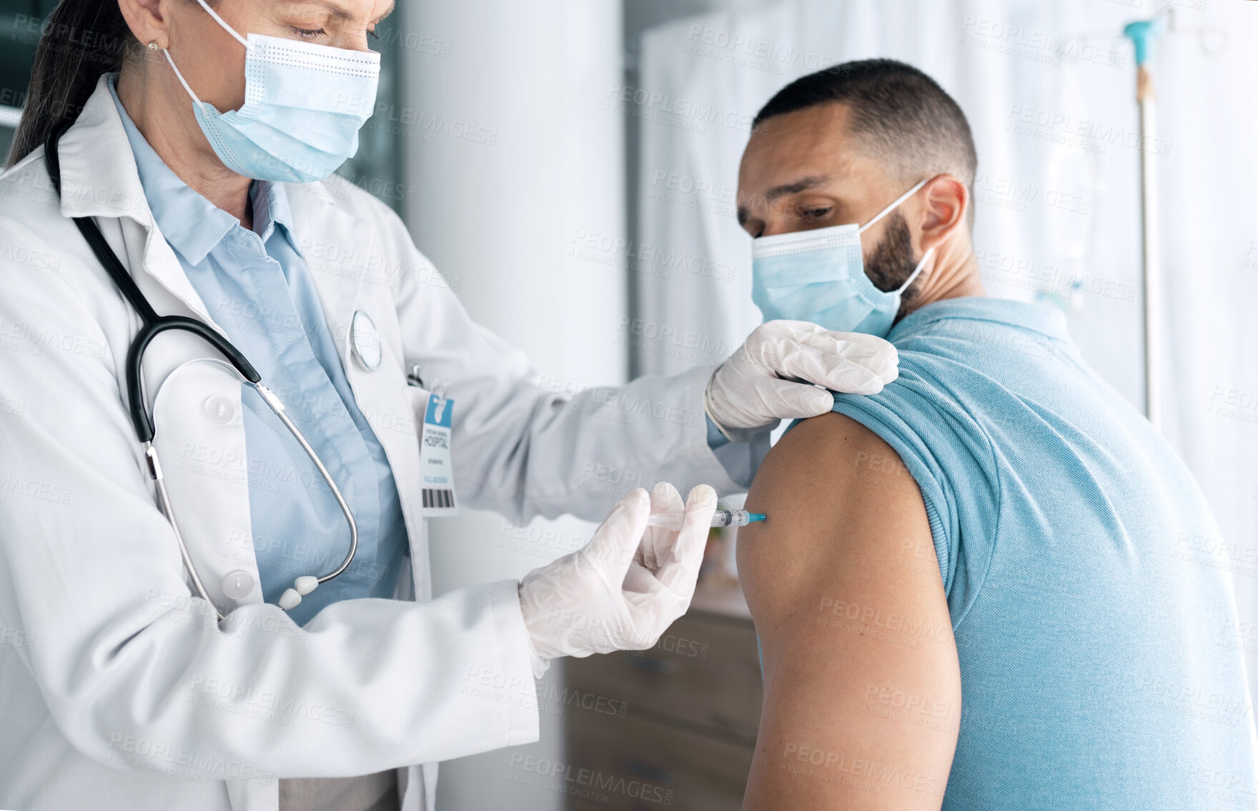 Buy stock photo Doctor, patient and injection for vaccine or flu shot at hospital in checkup, visit or appointment. Closeup of medical nurse or healthcare professional with needle for vaccination or cure at clinic