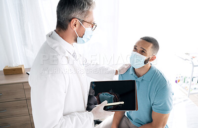 Buy stock photo Man doctor, medical consultation and tablet at hospital with patient support and surgery info. Wellness advice, technology and mature professional with healthcare, consulting and talking with care