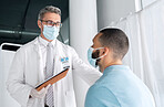 Hospital men, clipboard and doctor consulting on medical results, assessment or wellness health report, support or help. Consultation exam, services and clinic expert, surgeon or nurse feedback notes