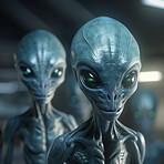 Alien attack or abduction or in a UFO space ship, visitor or scary world or universe with invasion, technology and martians. A close up or portrait of aliens for horror, strange and special effects. 