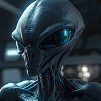 Alien attack or abduction or in a UFO space ship, visitor or scary world or universe with invasion, technology and martians. A close up or portrait of aliens for horror, strange and special effects. 