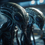 Alien attack or abduction or in a UFO space ship, visitor or scary world or universe with invasion, technology and martians. A close up or portrait of aliens for horror, strange and special effects. 