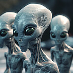 Alien attack or abduction or in a UFO space ship, visitor or scary world or universe with invasion, technology and martians. A close up or portrait of aliens for horror, strange and special effects. 