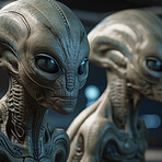 Alien attack or abduction or in a UFO space ship, visitor or scary world or universe with invasion, technology and martians. A close up or portrait of aliens for horror, strange and special effects. 