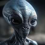 Alien attack or abduction or in a UFO space ship, visitor or scary world or universe with invasion, technology and martians. A close up or portrait of aliens for horror, strange and special effects. 