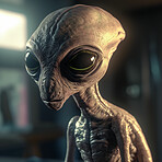 Alien attack or abduction or in a UFO space ship, visitor or scary world or universe with invasion, technology and martians. A close up or portrait of aliens for horror, strange and special effects. 