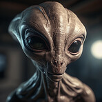 Alien attack or abduction or in a UFO space ship, visitor or scary world or universe with invasion, technology and martians. A close up or portrait of aliens for horror, strange and special effects. 