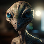 Alien attack or abduction or in a UFO space ship, visitor or scary world or universe with invasion, technology and martians. A close up or portrait of aliens for horror, strange and special effects. 