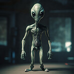 Alien attack or abduction or in a UFO space ship, visitor or scary world or universe with invasion, technology and martians. A close up or portrait of aliens for horror, strange and special effects. 
