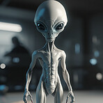 Alien attack or abduction or in a UFO space ship, visitor or scary world or universe with invasion, technology and martians. A close up or portrait of aliens for horror, strange and special effects. 