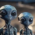 Alien attack or abduction or in a UFO space ship, visitor or scary world or universe with invasion, technology and martians. A close up or portrait of aliens for horror, strange and special effects. 