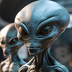 Alien attack or abduction or in a UFO space ship, visitor or scary world or universe with invasion, technology and martians. A close up or portrait of aliens for horror, strange and special effects. 