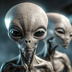 Alien attack or abduction or in a UFO space ship, visitor or scary world or universe with invasion, technology and martians. A close up or portrait of aliens for horror, strange and special effects. 