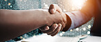 Partnership, business and hand shake in office overlay with deal, hexagon grid and b2b connectivity. Digital hologram, negotiation and men shaking hands for networking, opportunity and agreement.