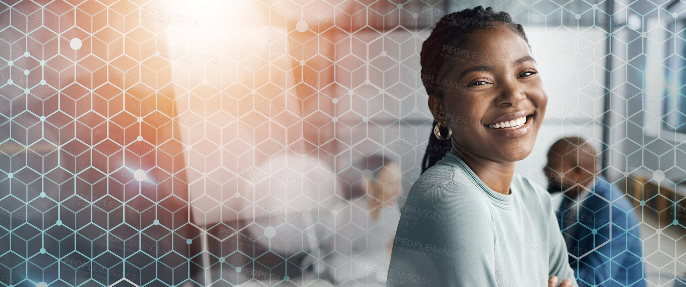 Buy stock photo Portrait, business and black woman with a smile, banner and startup with teamwork, career and success. Face, African person and consultant with overlay, work or corporate professional with confidence