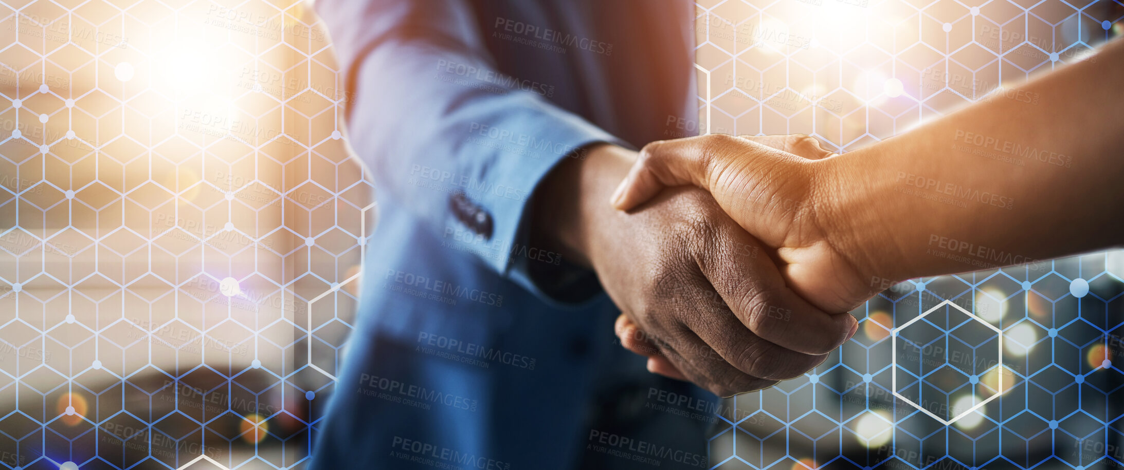 Buy stock photo Partnership, business and hand shake in overlay with deal, hexagon grid and b2b connectivity. Digital hologram, negotiation and men shaking hands for networking, opportunity and agreement on mockup.