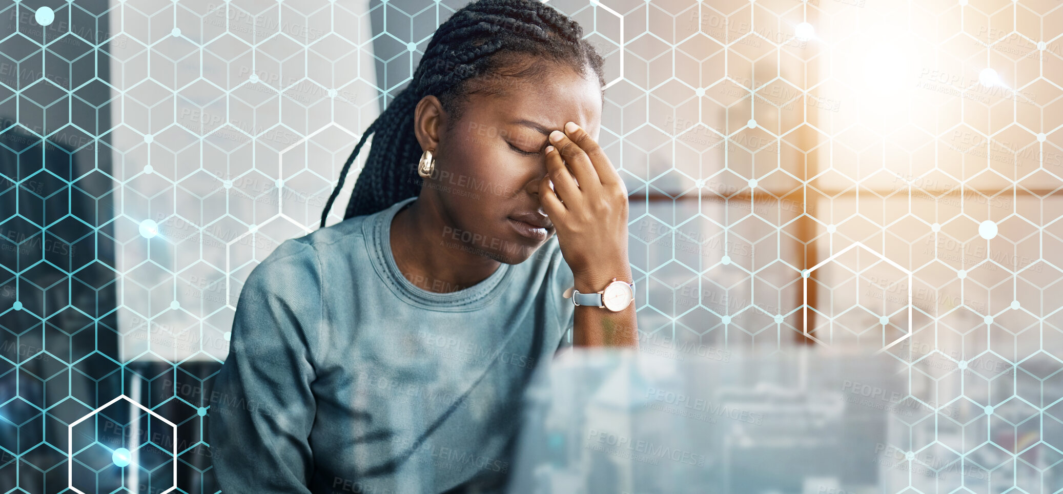 Buy stock photo Business woman, headache and stress on computer for network mistake, coding and grid or data overlay. Sad employee or programmer with depression, fatigue or frustrated for integration software fail 