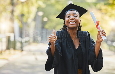 Buy stock photo Graduation, thumbs up and portrait of woman student outdoor with diploma for success, education or college scholarship. Happy african university graduate, like emoji and pride with certificate award 