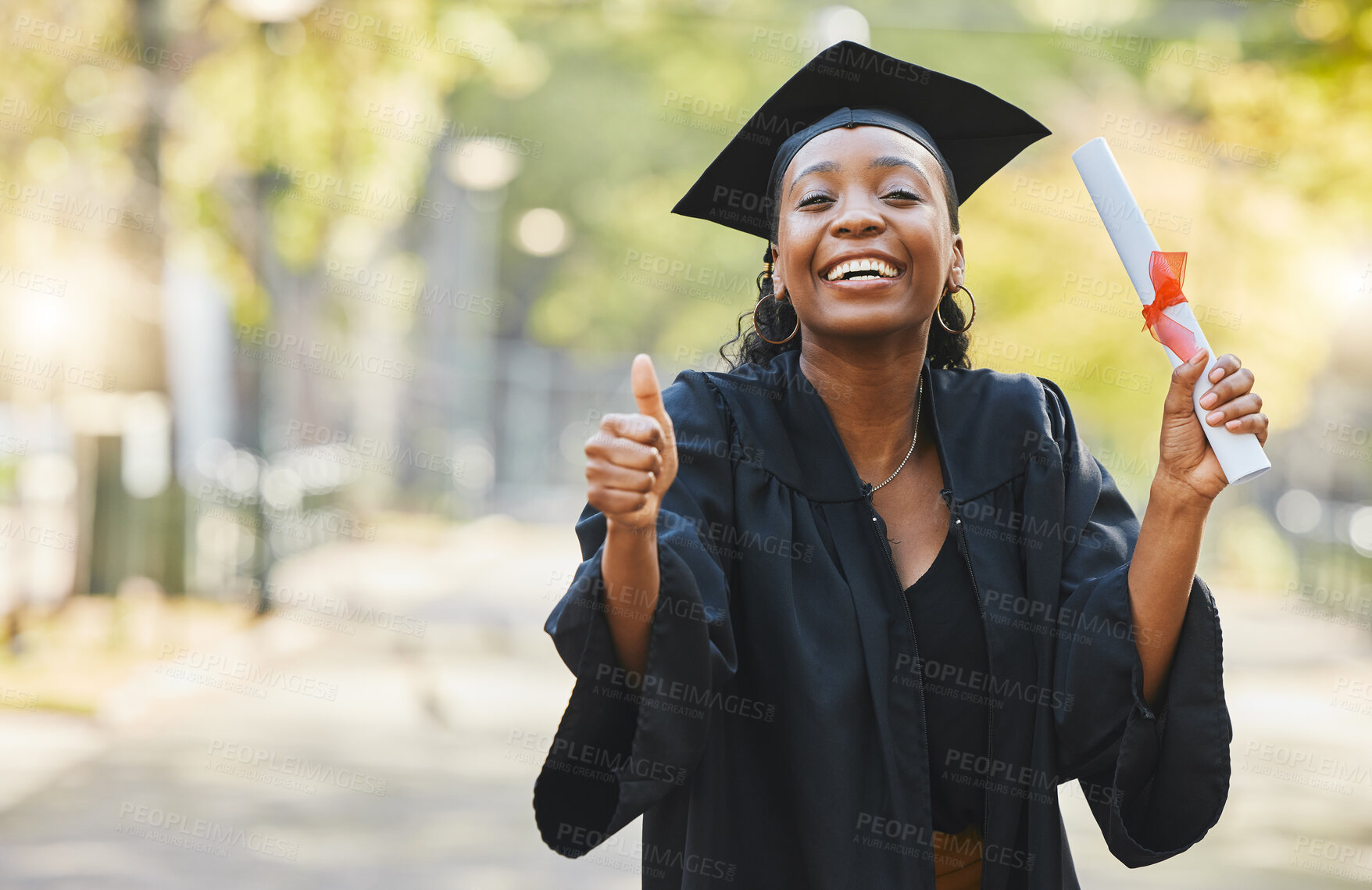 Buy stock photo Graduation, thumbs up and portrait of woman student outdoor with diploma for success, education or college scholarship. Happy african university graduate, like emoji and pride with certificate award 