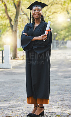 Buy stock photo Graduation, diploma and portrait of woman with arms crossed to celebrate success, education and college scholarship outdoor. Happy african university graduate with certificate, award and achievement 