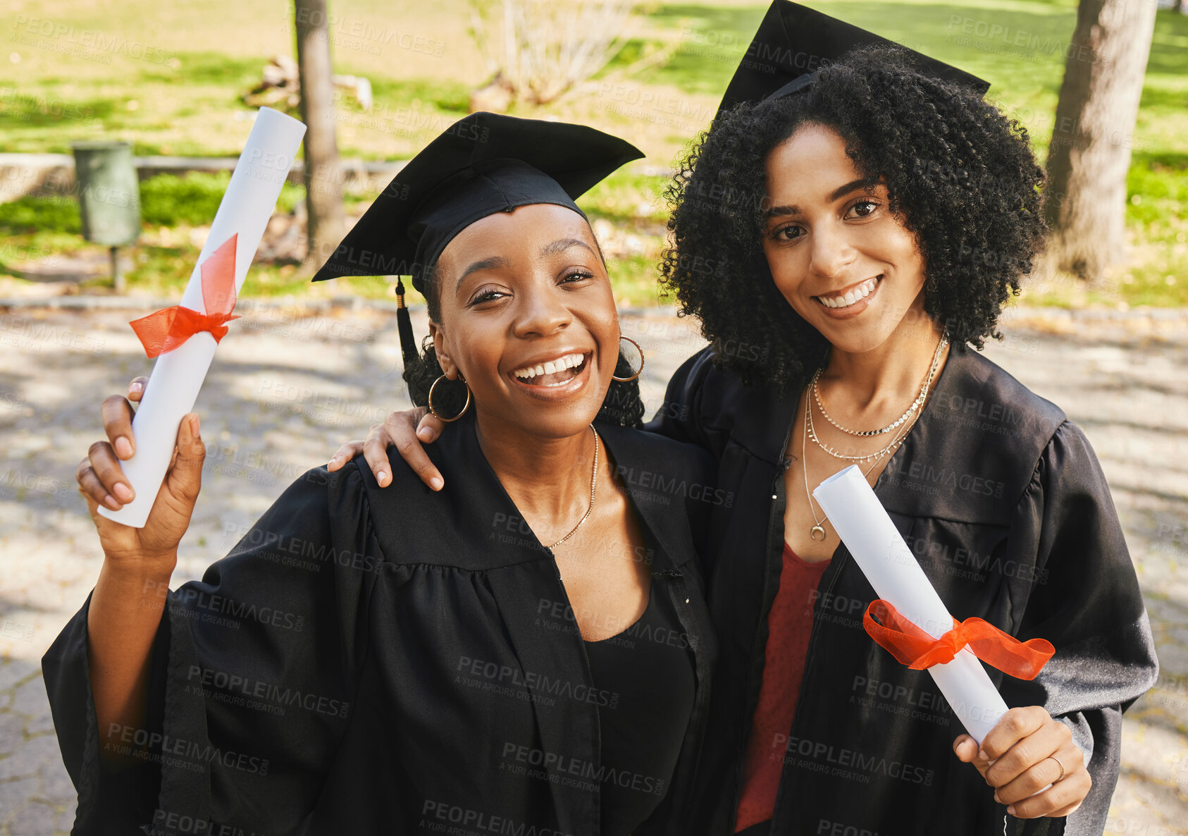 Buy stock photo Outdoor, portrait and women with graduation, celebration and achievement with future, knowledge and degree. People, students and girls with education, university and college with success and diploma