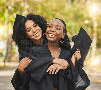 Buy stock photo Graduate portrait, hug and friends happy for learning success, education goals or university graduation, progress or achievement. College women, school nature park and students embrace for milestone