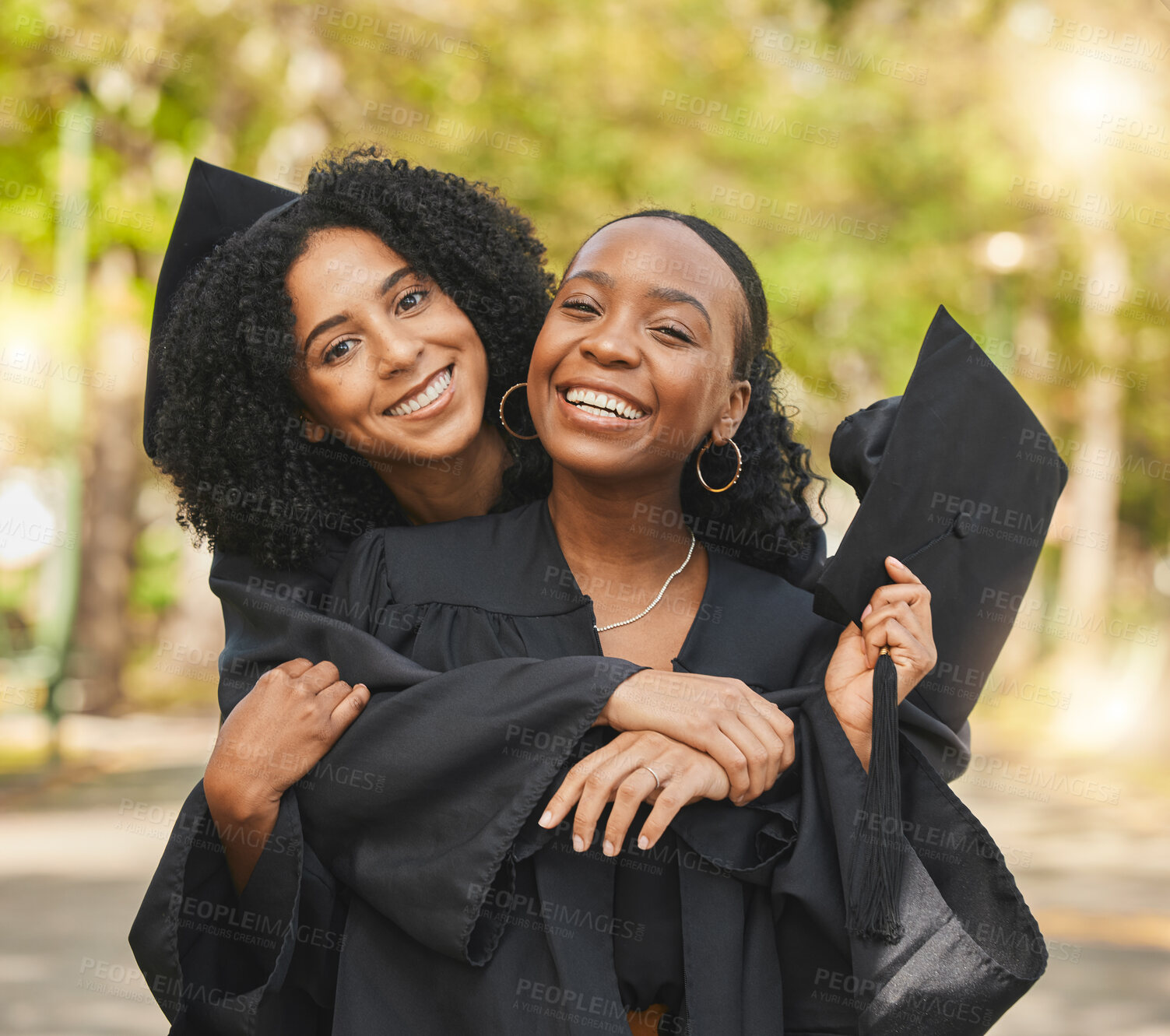 Buy stock photo Graduate portrait, hug and friends happy for learning success, education goals or university graduation, progress or achievement. College women, school nature park and students embrace for milestone