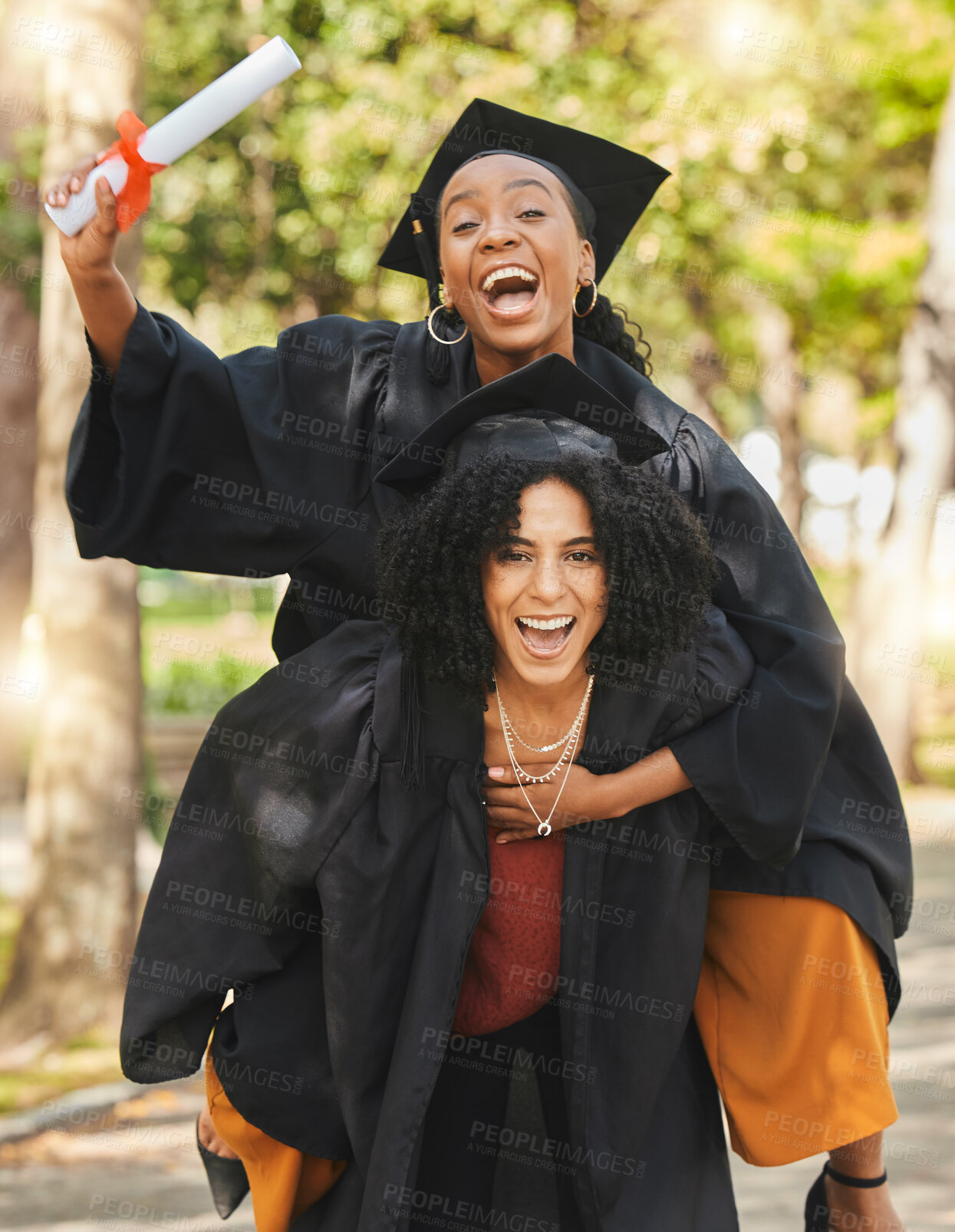 Buy stock photo Graduation, women or friends and excited for celebration outdoor in nature for education and knowledge. Happiness, university student and people with certificate or diploma for achievement or success