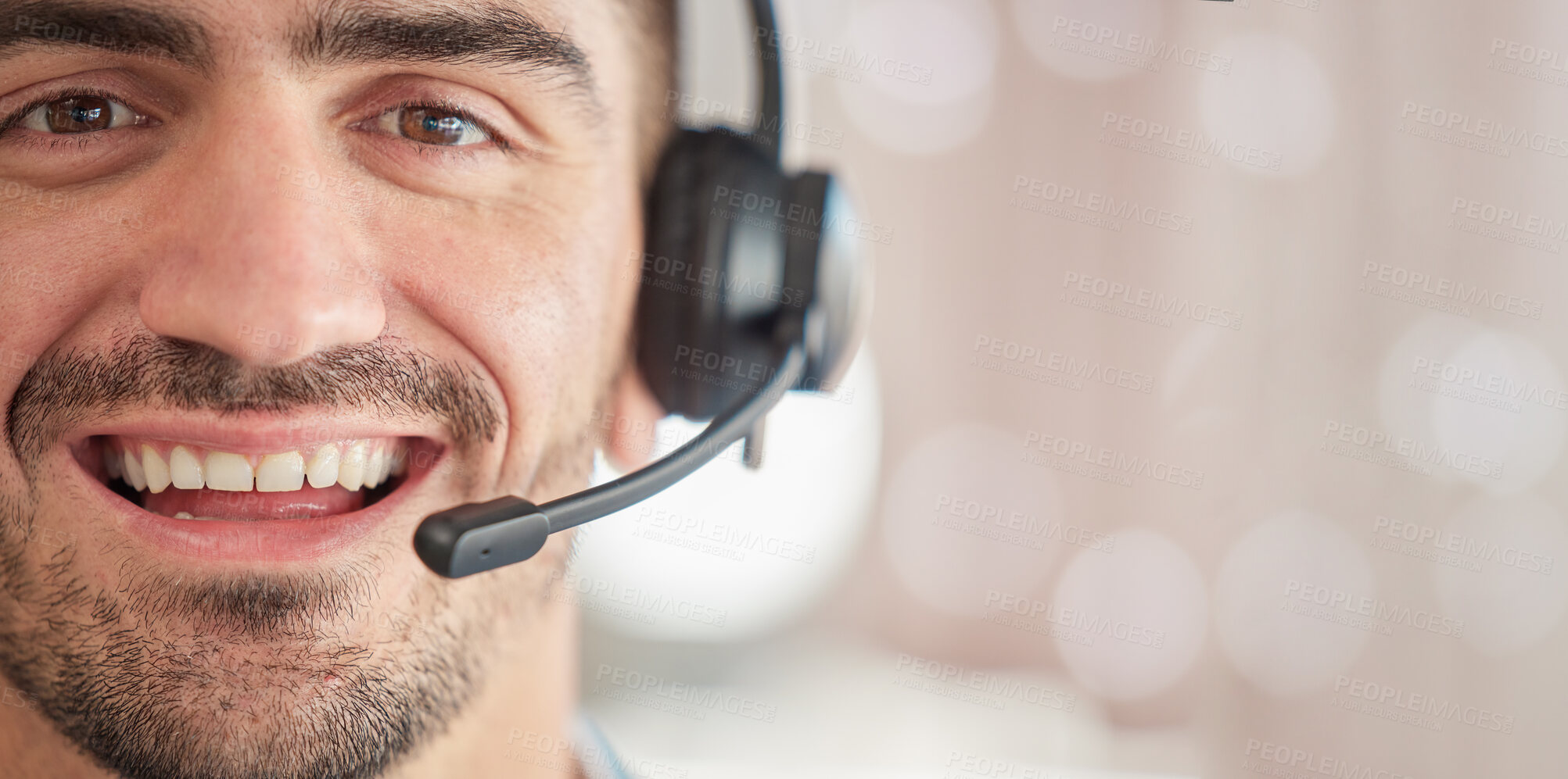 Buy stock photo Portrait, mockup or happy man consultant in call center talking or networking online in a telecom office. Smile, bokeh or face of sales agent in communication or conversation at customer services