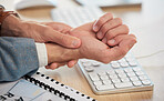 Hands, office or businessman with wrist pain while working on a computer workplace with arthritis or injury. Hurt hand, carpal tunnel emergency or closeup of injured worker with discomfort arm cramp 