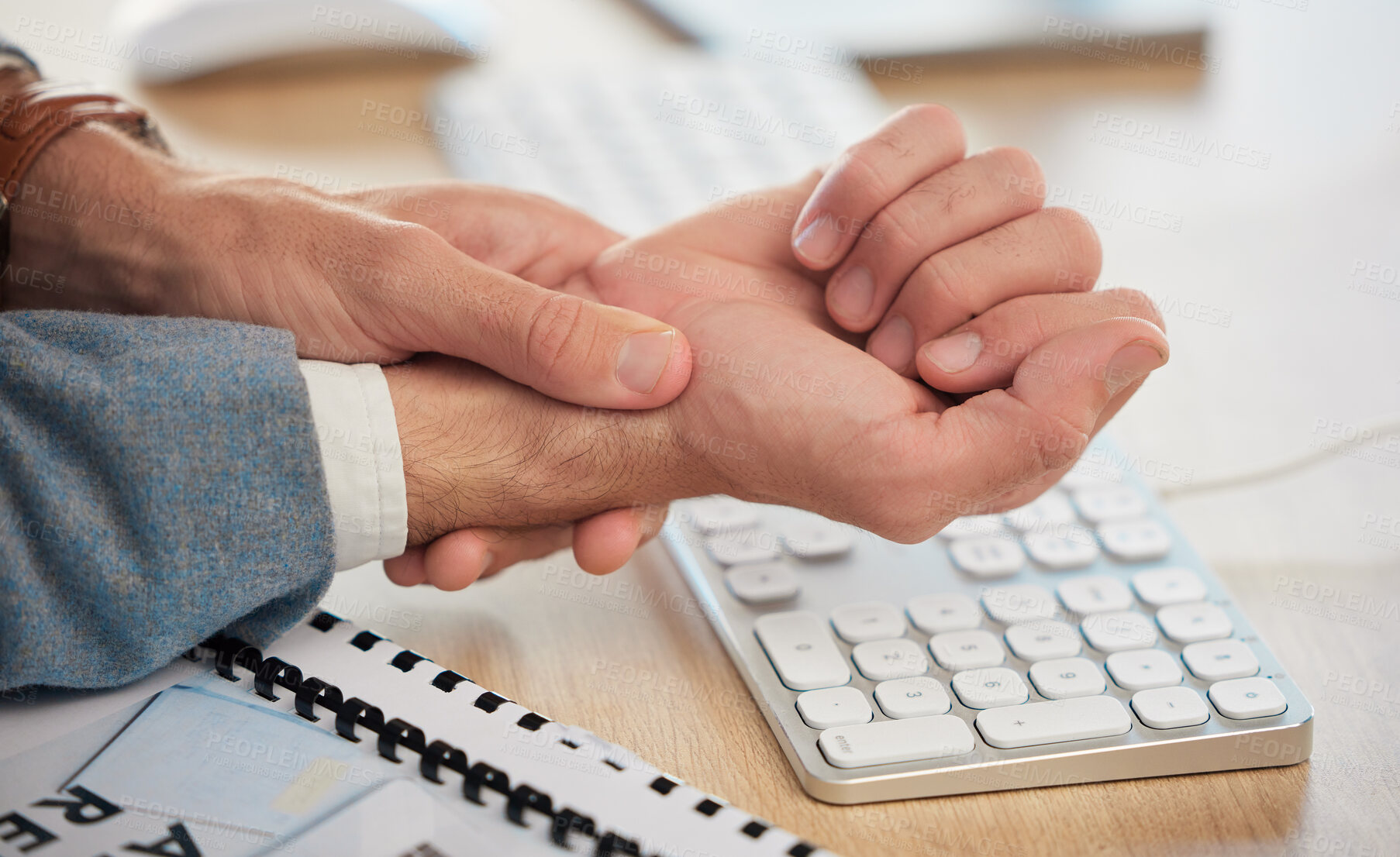 Buy stock photo Hands, office or businessman with wrist pain while working on a computer workplace with arthritis or injury. Hurt hand, carpal tunnel emergency or closeup of injured worker with discomfort arm cramp 