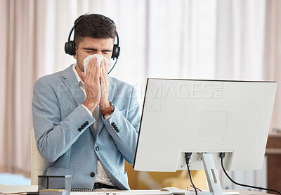 Buy stock photo Consultant, sick or man blowing nose in call center telecom office with hay fever sneezing or illness. Cold, contact us or sales agent with toilet paper tissue, allergy virus or flu disease at work