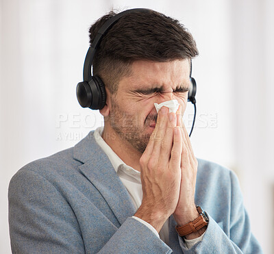 Buy stock photo Customer service, sick or man blowing nose in call center office with hay fever sneezing or illness. Cold, contact us or sales agent with toilet paper tissue, allergy virus or flu disease at work